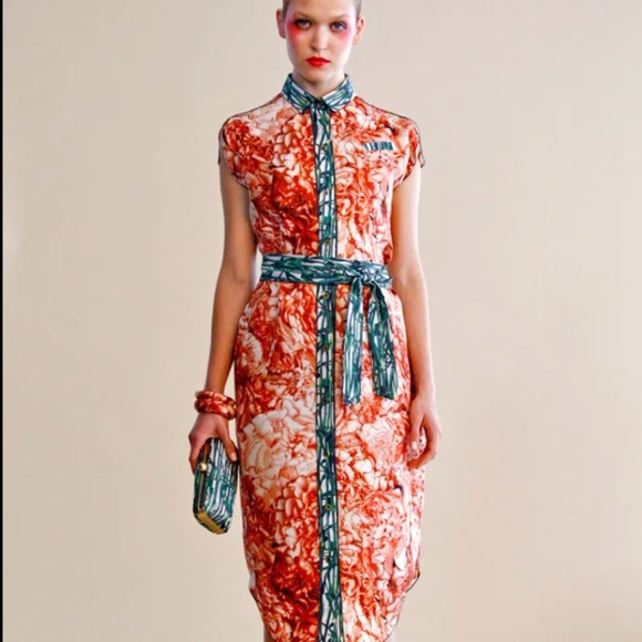 TRIBUNE STANDARD Orange and Green Botanical Sleeveless 100% Silk Dress - Size L. - Picture 1 of 16